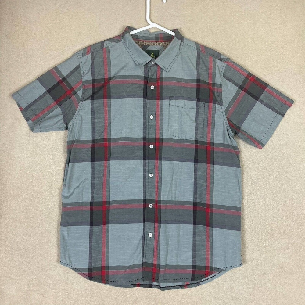 Prana Shirt Adult Extra Large XL Gray Plaid Short Sleeve Button Up Pocket Mens‎